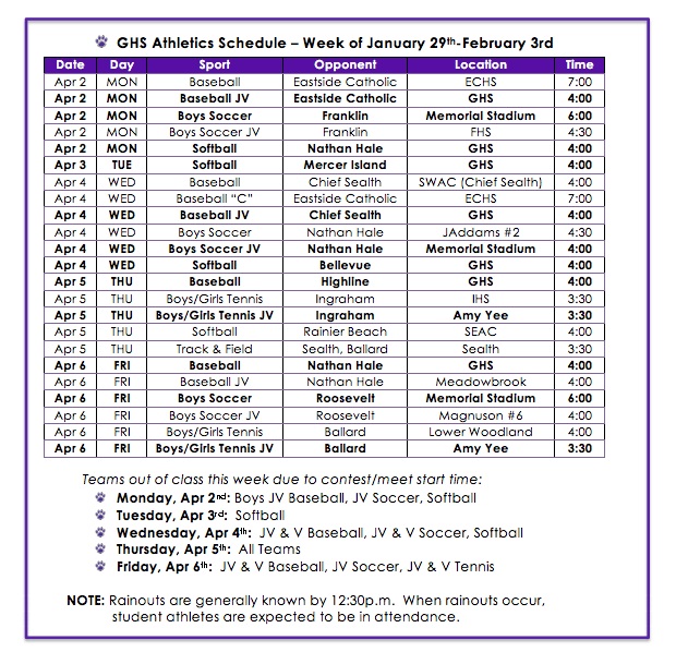 GHS Athletics Schedule — Week of April 26 Garfield High School PTSA