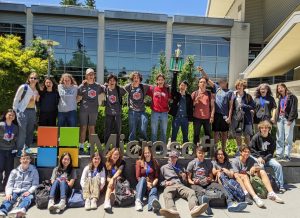 Many Garfield students posing in front of a building at Microsoft