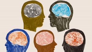 5 silhouetted heads with brains depicted in pastel colors